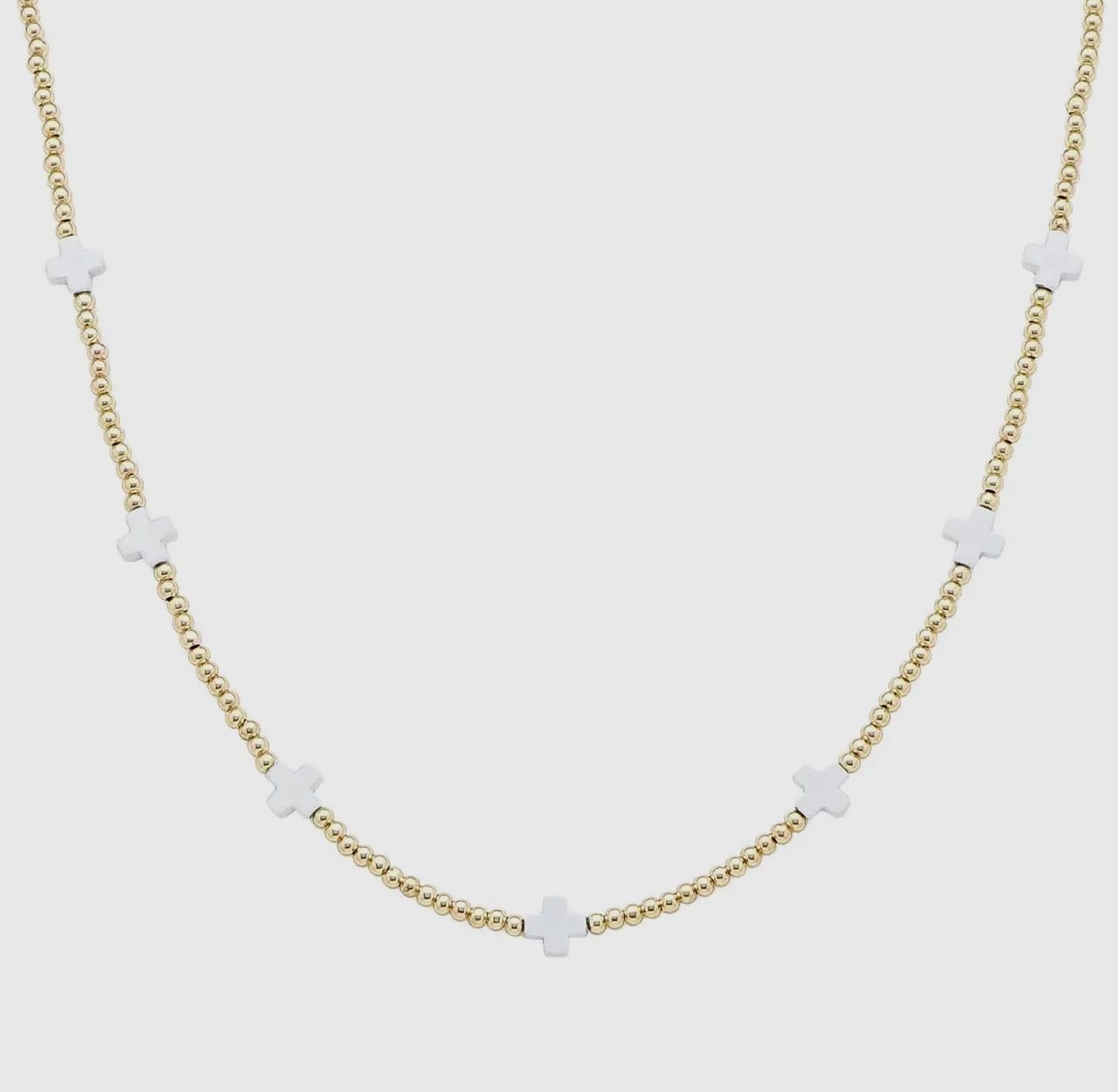 Gold Beaded White Mini Cross Necklace