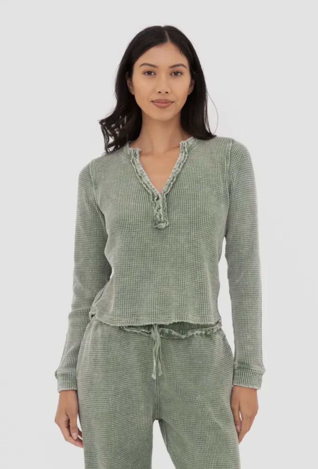 Distressed Mineral-Washed Waffle Knit Long Sleeve Top
