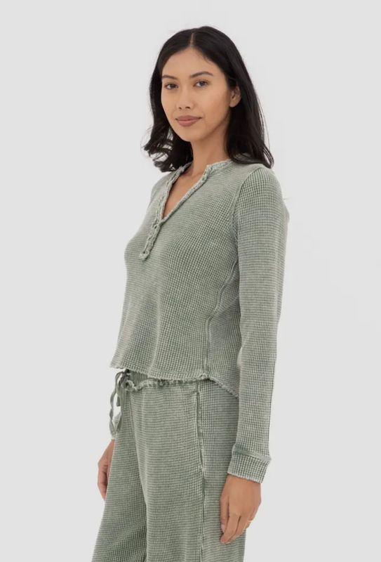 Distressed Mineral-Washed Waffle Knit Long Sleeve Top