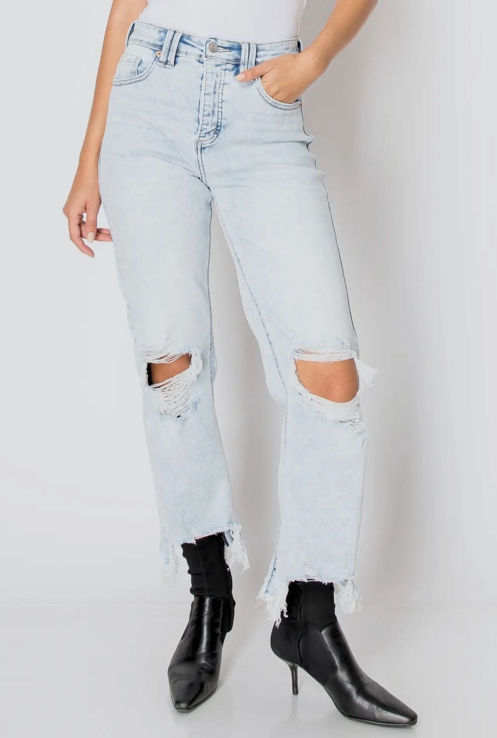 Hi-Rise Distressed Straight Raw Hem Ankle Jeans