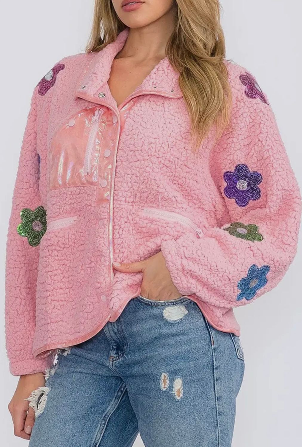 Sequin Flower Detailed Sherpa Jacket