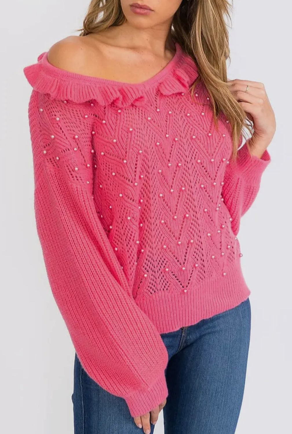 Ruffle Trim Pearl Knit Sweater