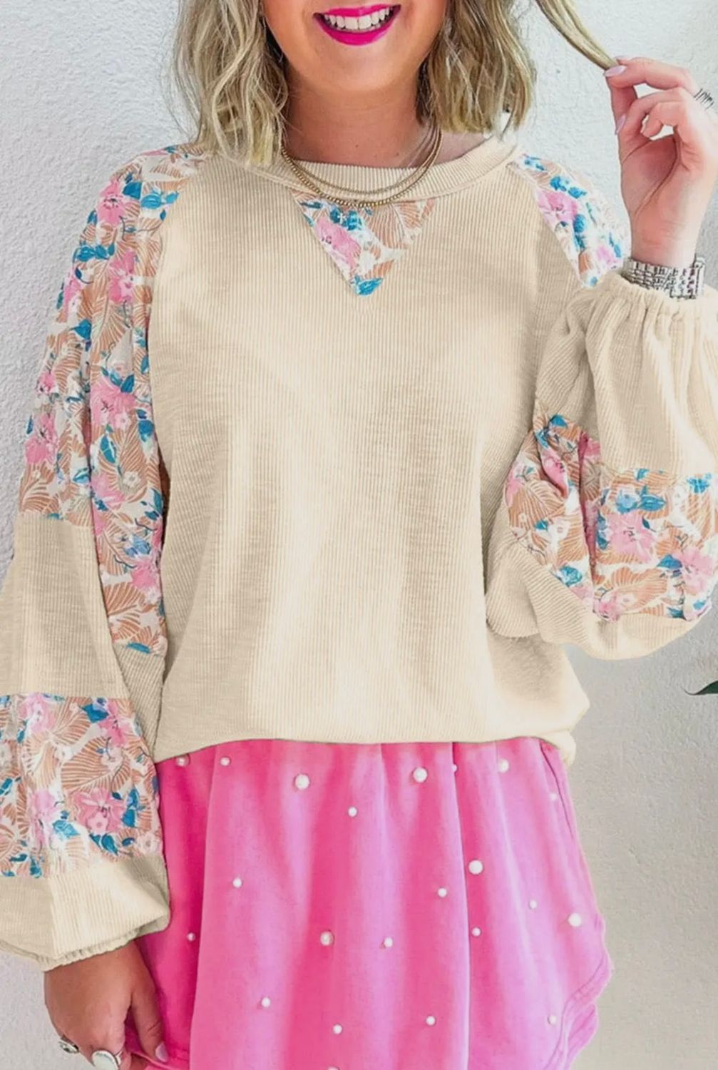 Floral Colorblock Ribbed Balloon Sleeve Blouse