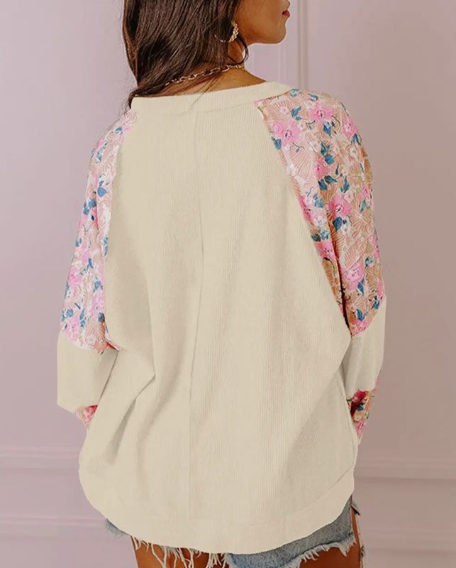 Floral Colorblock Ribbed Balloon Sleeve Blouse