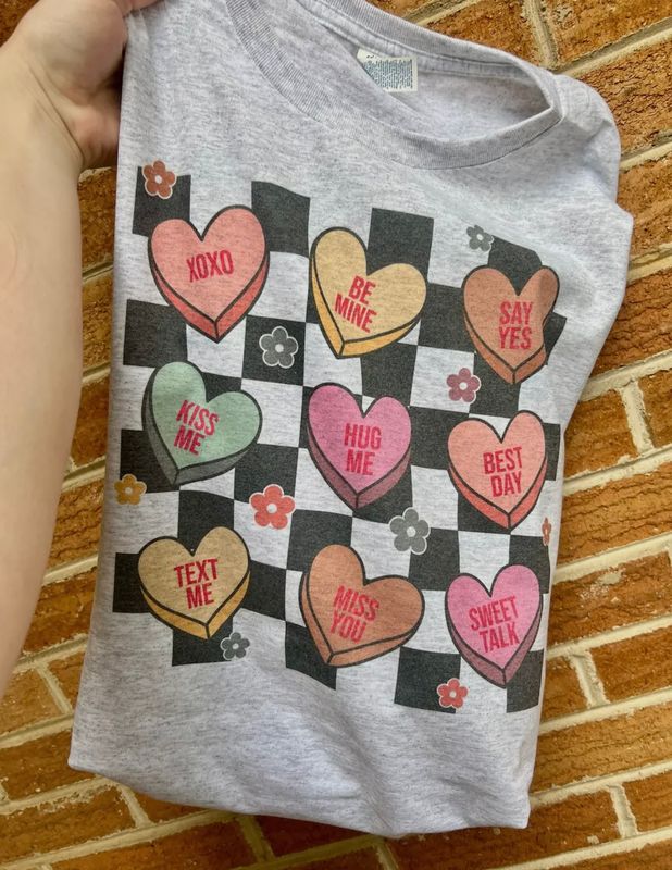 Checkered Conversation Hearts V-Day Graphic Tee 