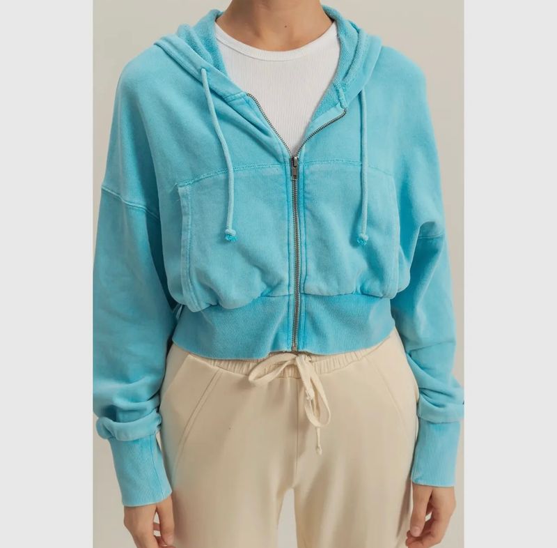 Garment Washed Zip Up Cropped Hoodie Jacket