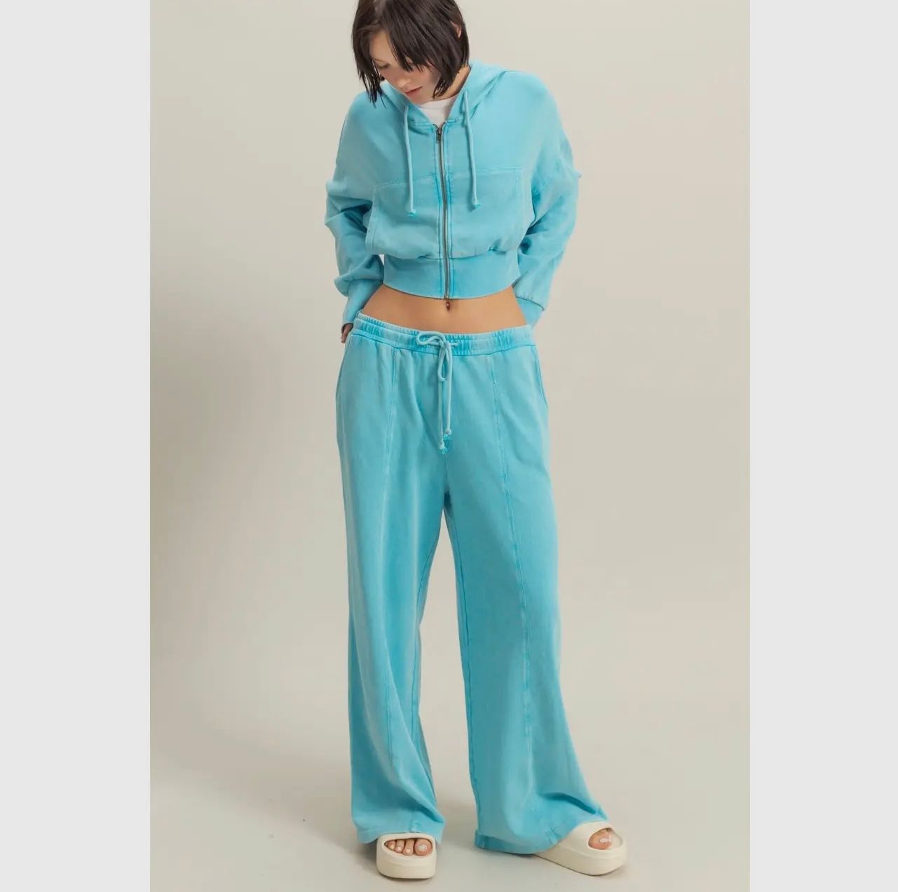 Garment Washed Wide Leg Drawstring Sweatpants
