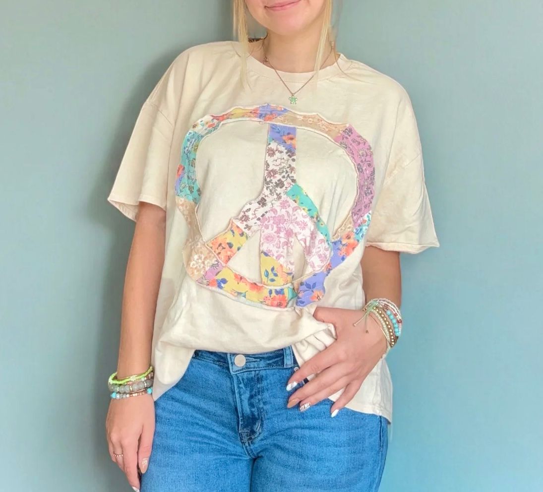 Mineral Wash Peace Sign Patched Top