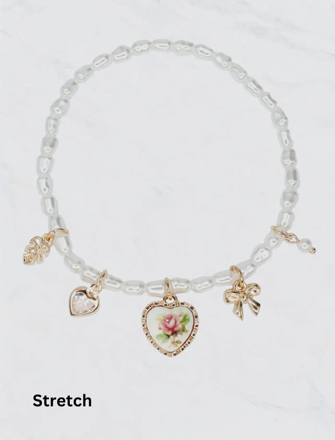 Pearl Stretch Bracelet with Floral Heart Charms, Color: Rose Gold, Size: OS