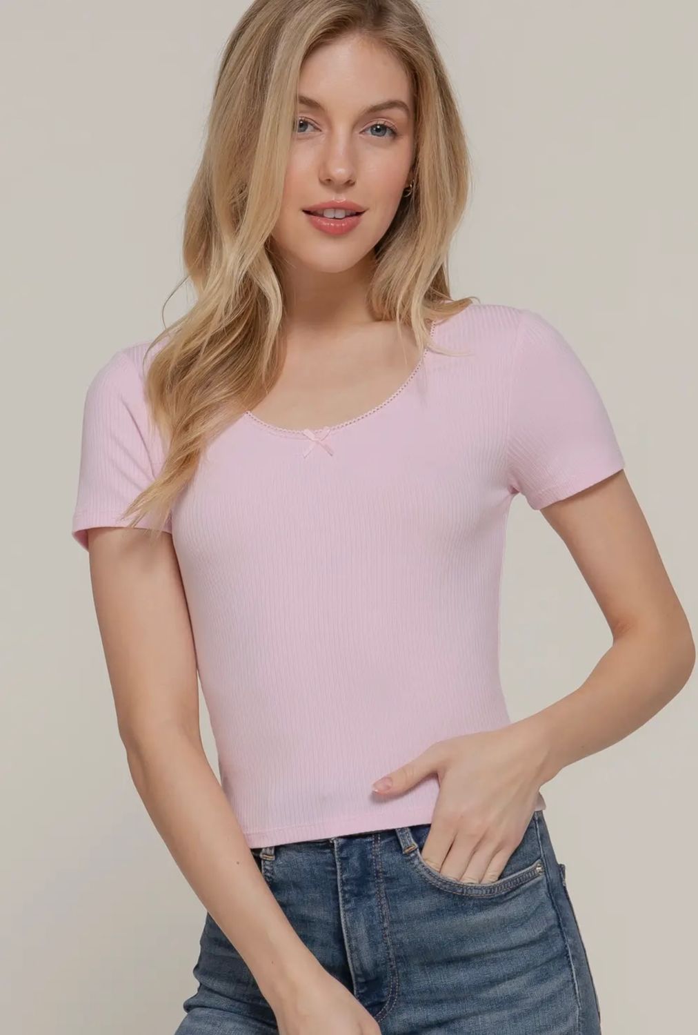 Short Sleeve Lace Trim Satin Bow Rib Knit Top