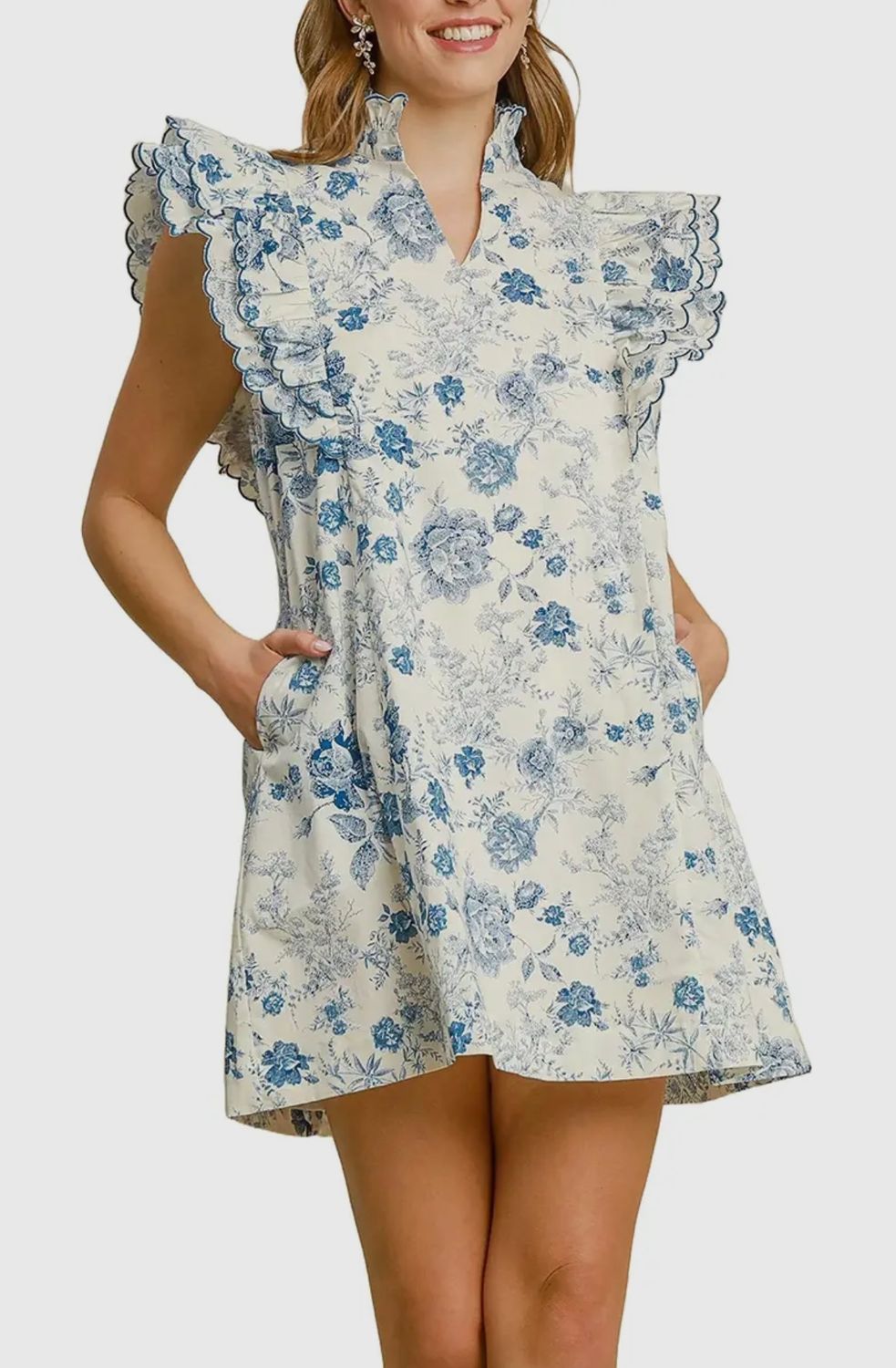 French Floral Print Scalloped Sleeved Dress