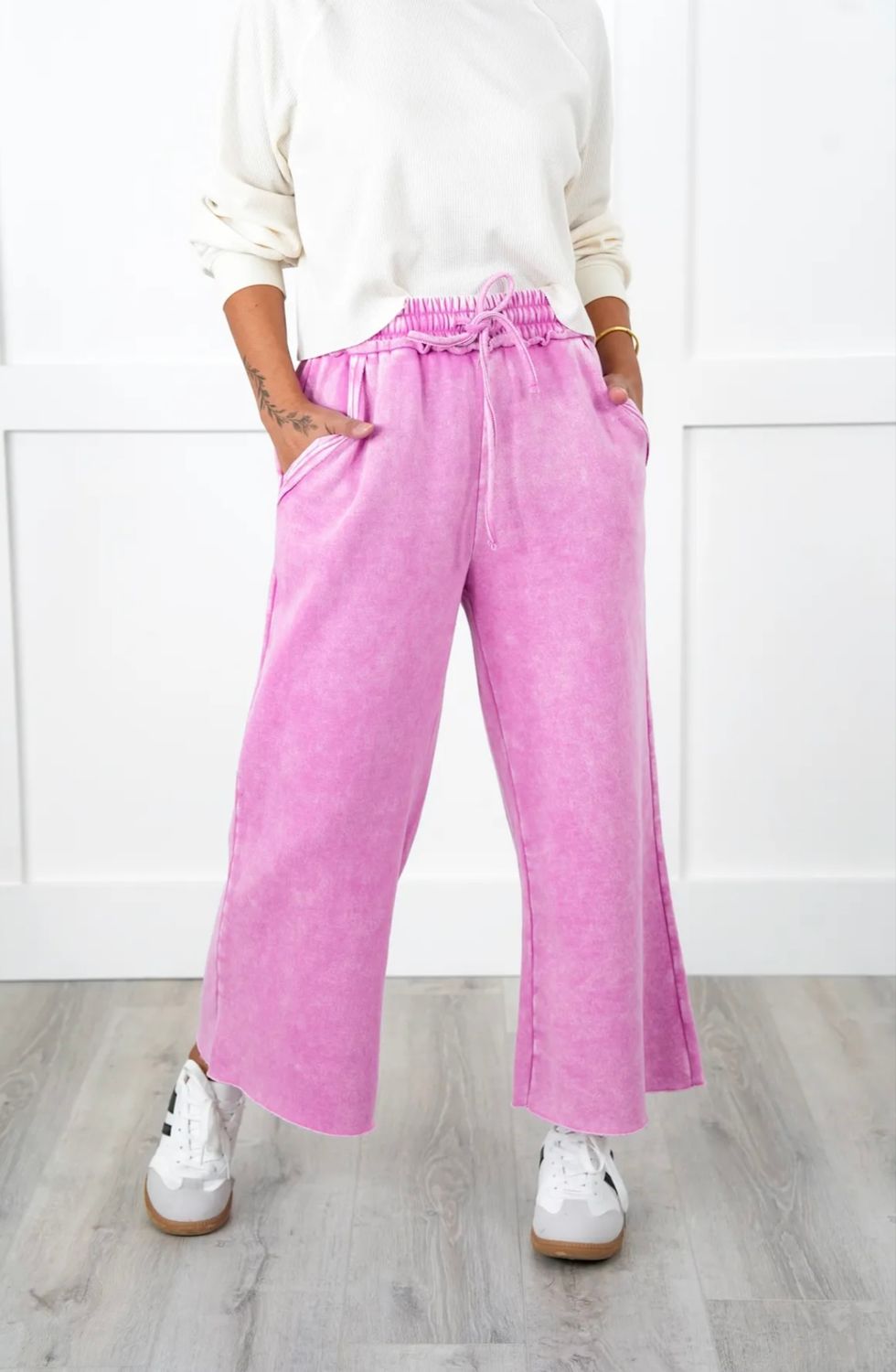 Zenana Acid Wash Cropped Palazzo Sweatpants