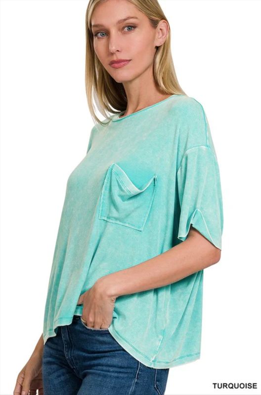Washed Ribbed Cuffed Short Sleeve Pocket Top 