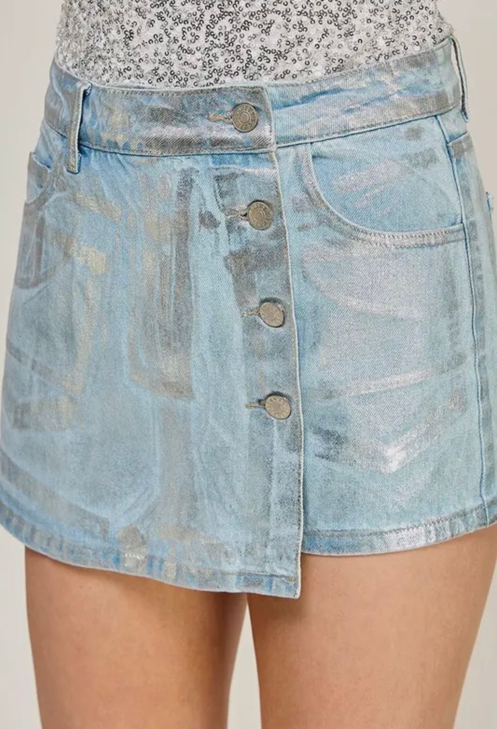Metallic Foil Denim Skort