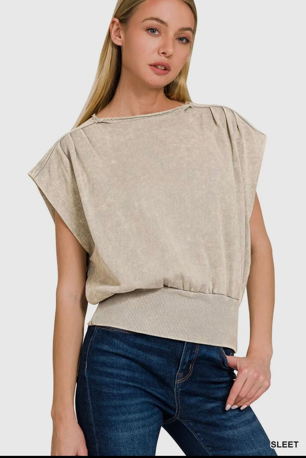 Washed Terry Boat Neck Banded Dolman Sleeve Top, Color: Sleet, Size: S