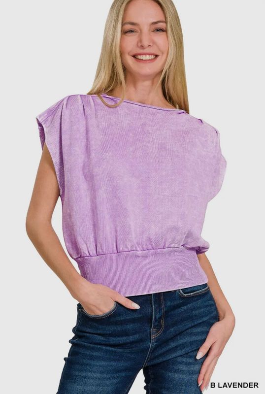 Washed Terry Boat Neck Banded Dolman Sleeve Top