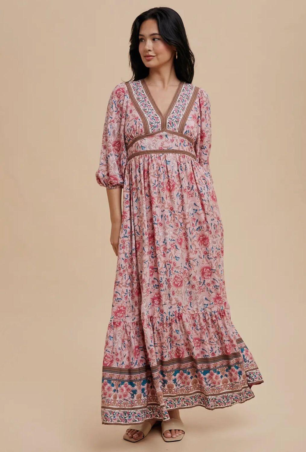 Border Print Smocked Waist Maxi Dress, Color: Pink/Fuchsia, Size: S