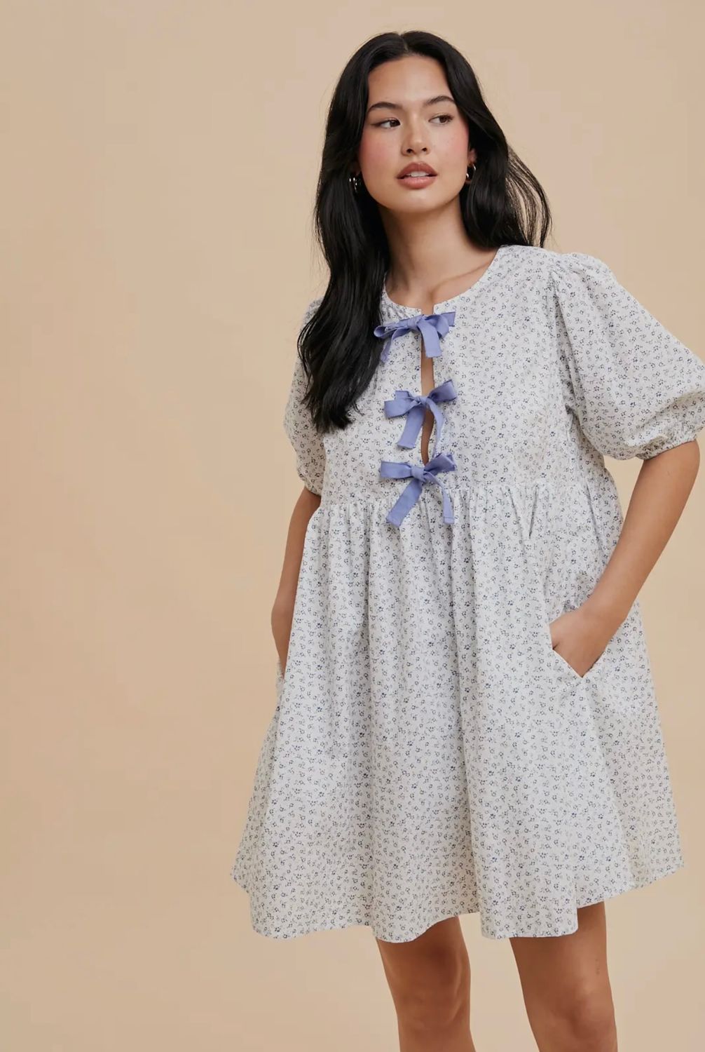 Floral Print Bow Tie Puff Sleeve Dress, Color: French Blue, Size: S