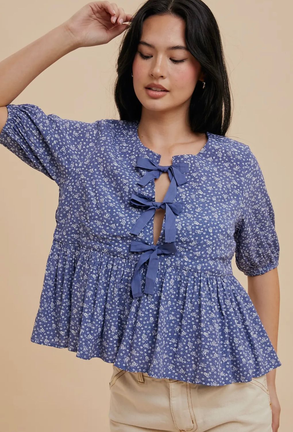 Viscose Floral Bow Accent Puff Sleeve Top, Color: Indigo, Size: S