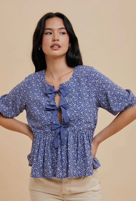 Viscose Floral Bow Accent Puff Sleeve Top