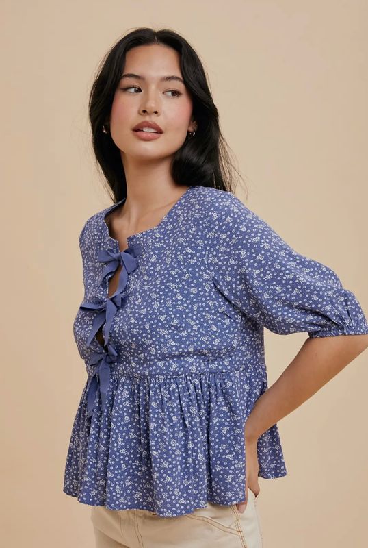 Viscose Floral Bow Accent Puff Sleeve Top