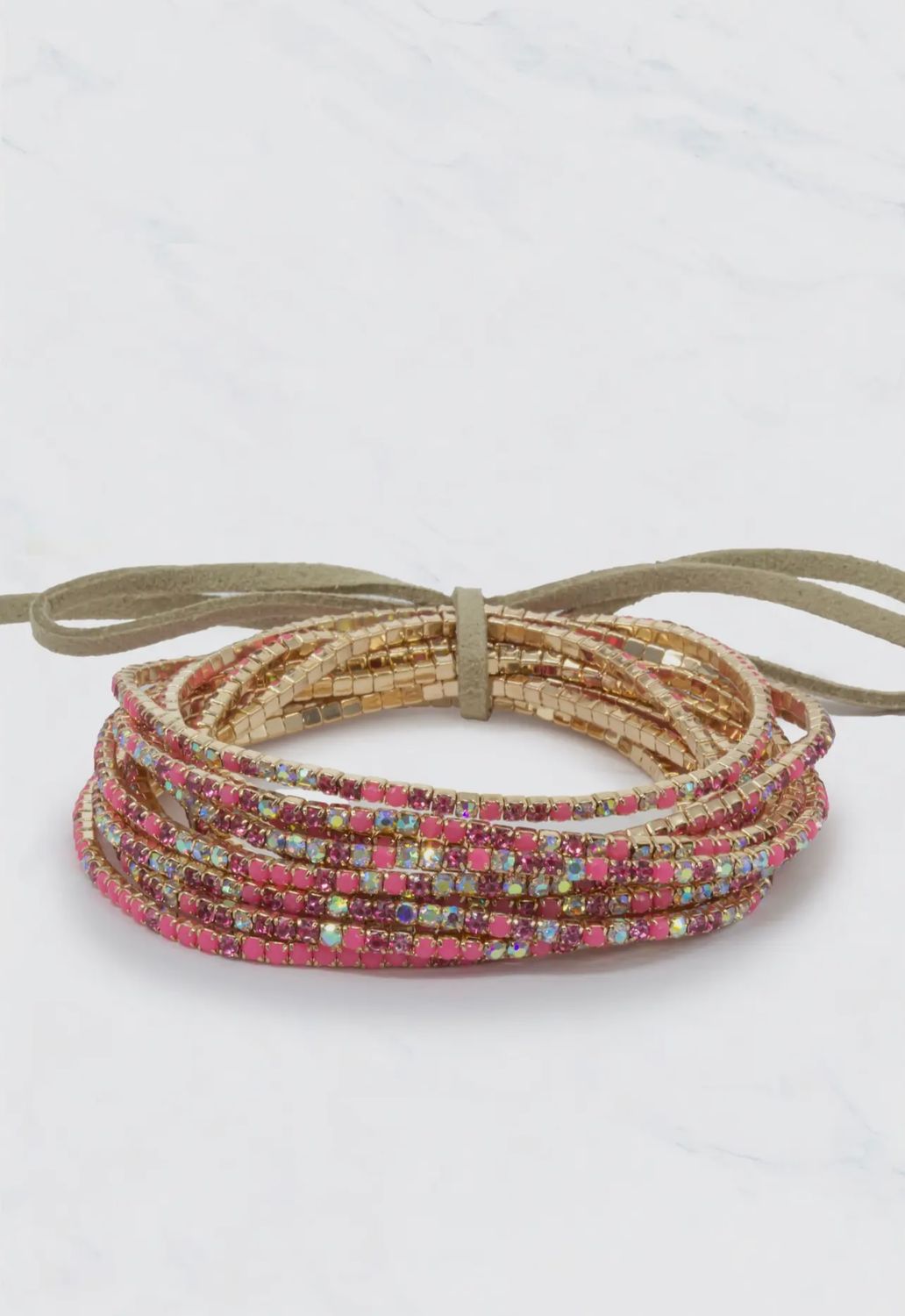 Pink Multi Crystal Stretch Bracelet Set/Gold 2