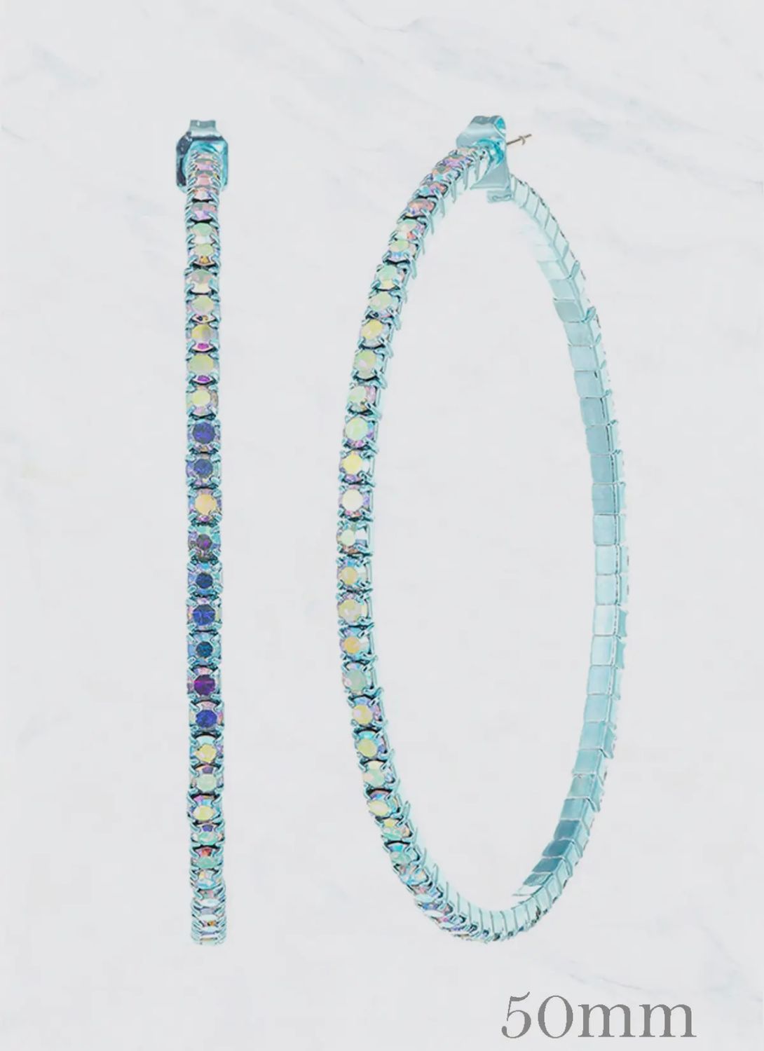 Metallic Iridecent Rhinestone Hoop Earrings, Color: Aqua, Size: 50mm