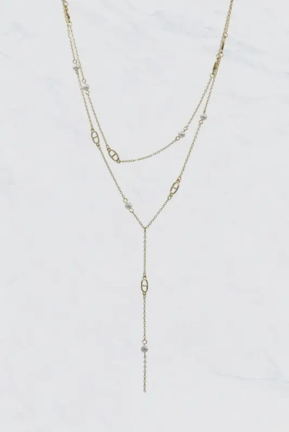 Delicate Lariat Pearl Link Layered Necklace