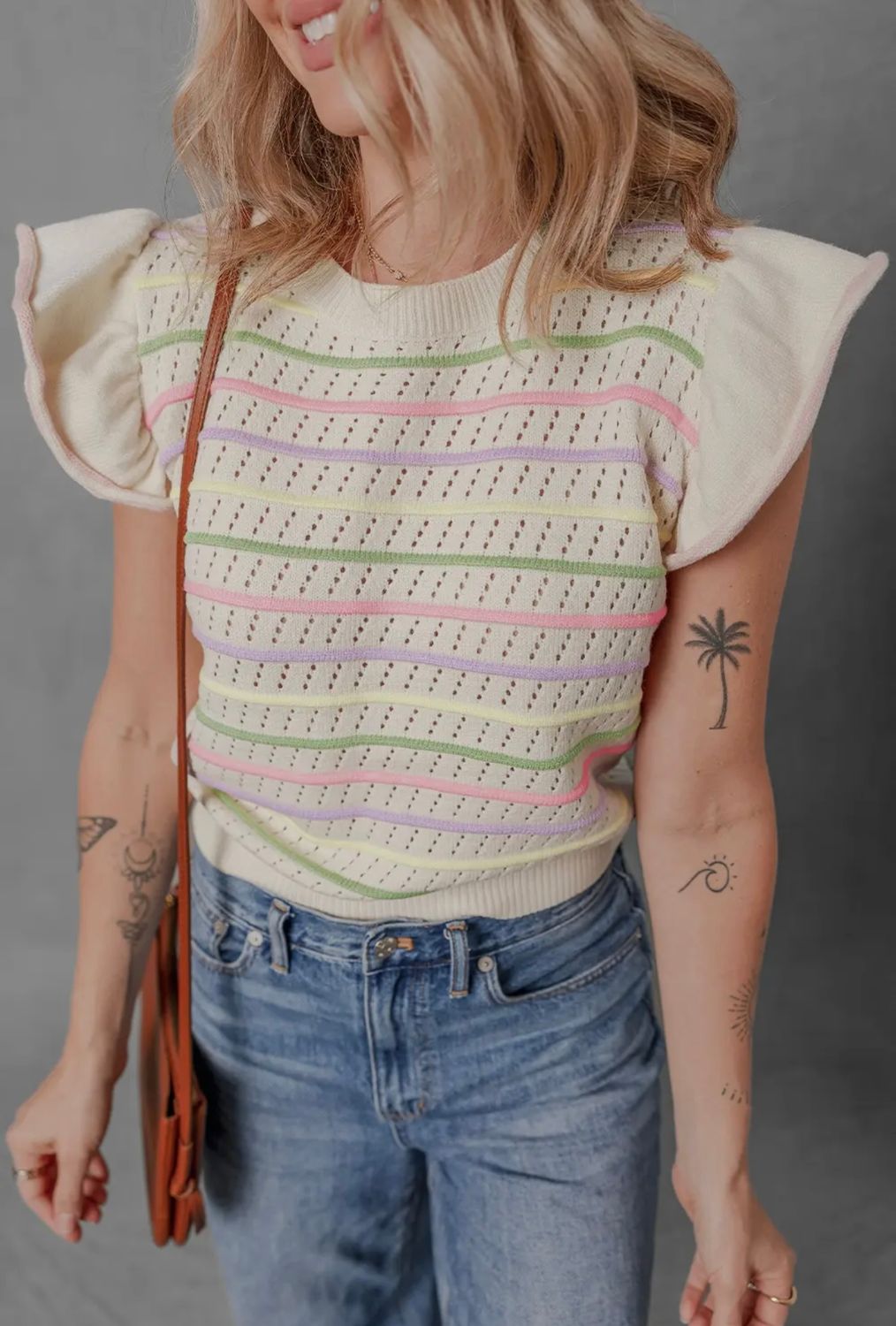 Colorful Stripe Eyelet Knit Ruffled Sweater Top