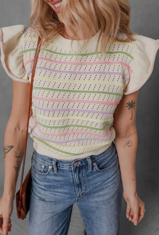 Colorful Stripe Eyelet Knit Ruffled Sweater Top