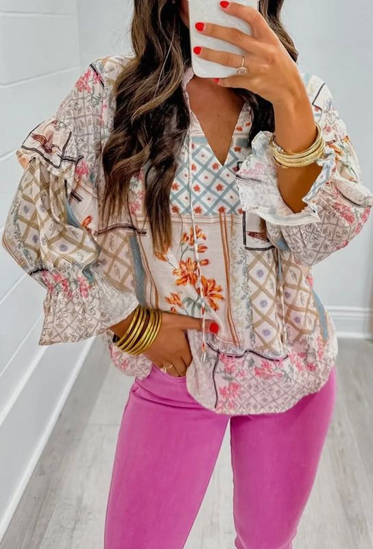 Boho Floral Print Ruffled Sleeve Blouse 