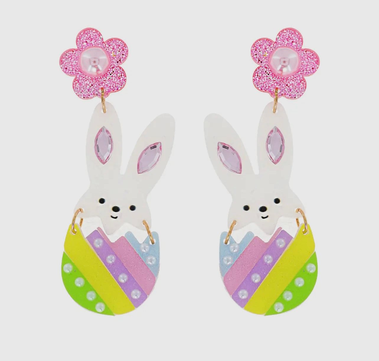 Floral Post Glitter &amp; Pearl Easter Bunny/Egg Acrylic Earrings