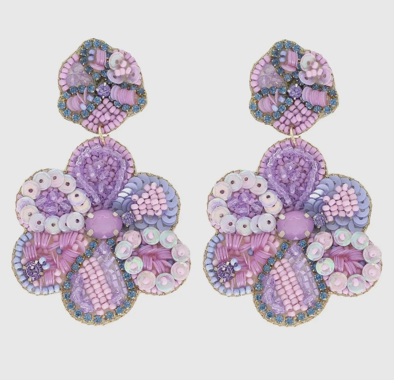 Jeweled Floral Seed Bead Post Earrings-Lav