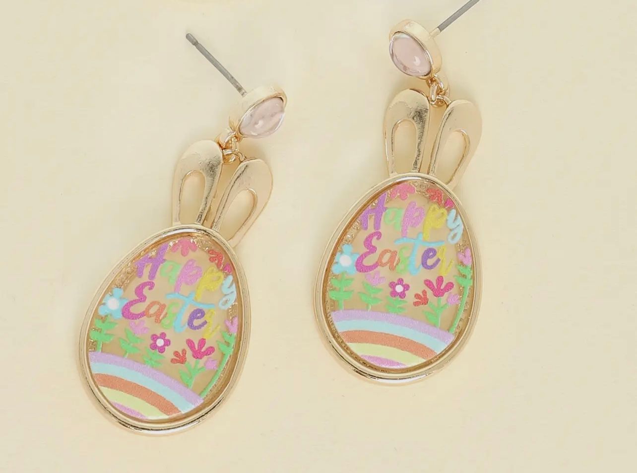 &quot;Happy Easter&quot; Bunny Ear Resin Drop Earrings