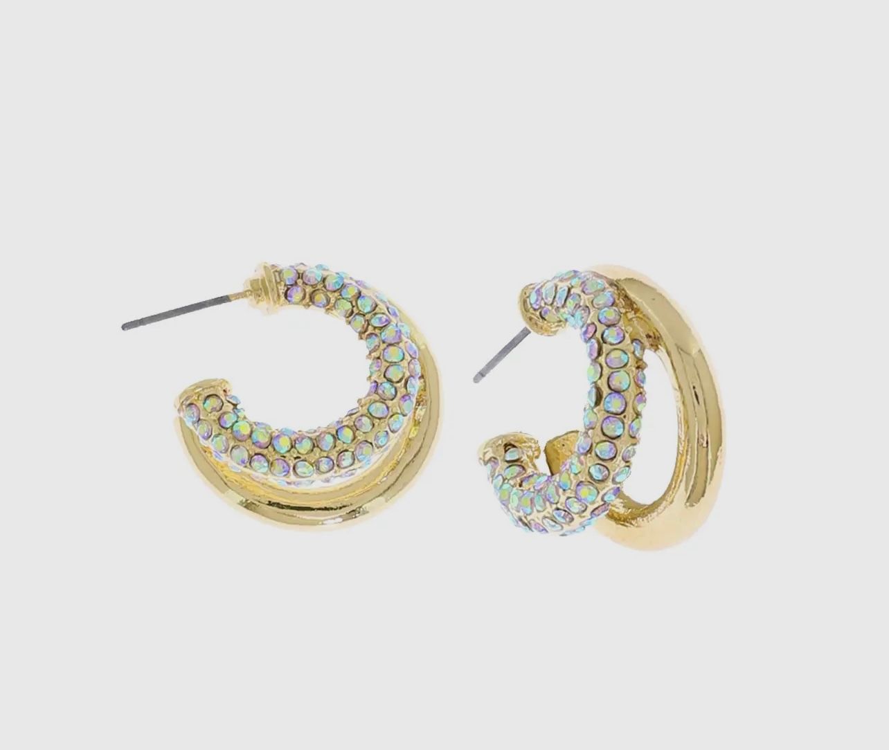 Small Iridescent Rhinestone Pave Double Open Hoop Earrings