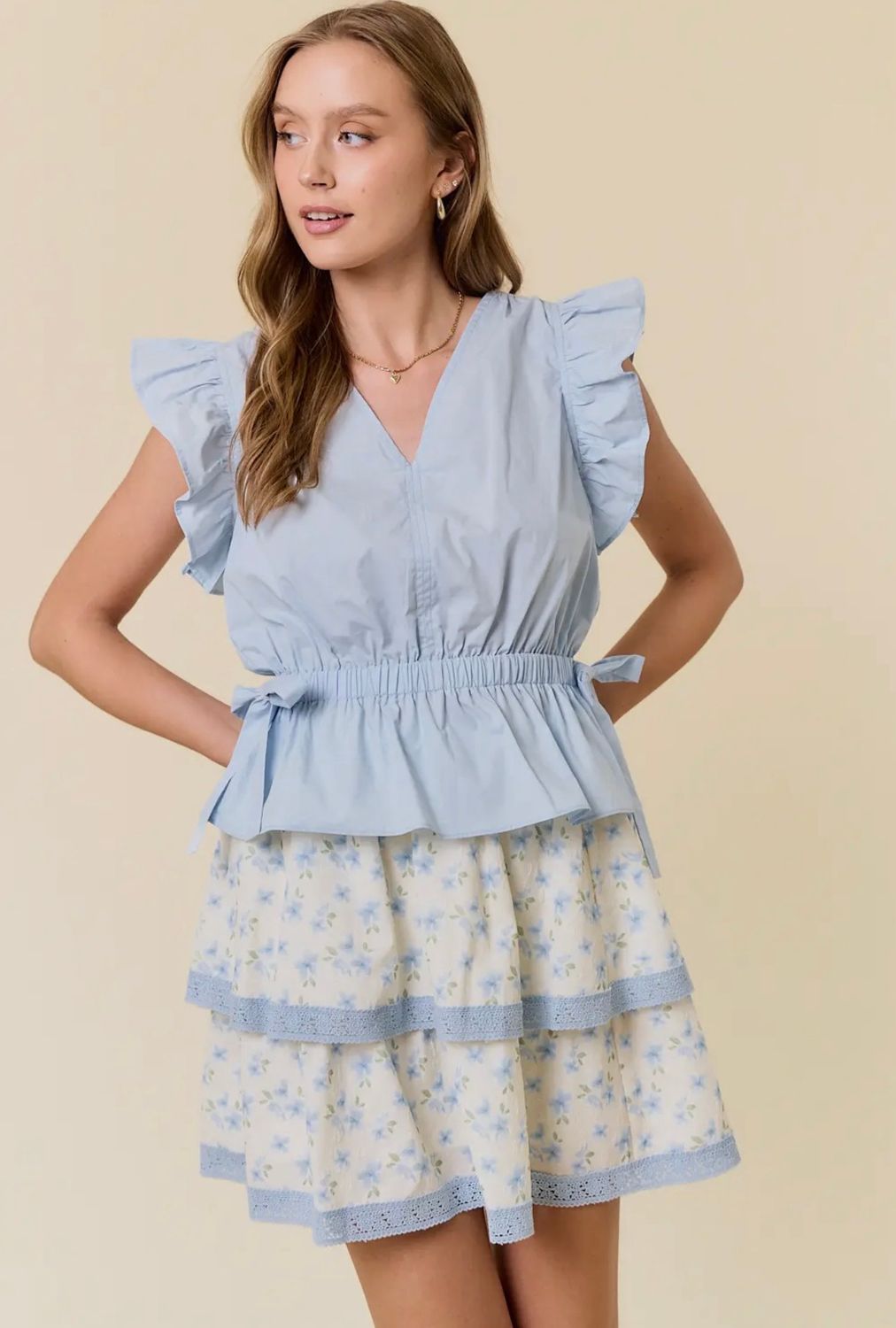 Cotton Poplin Flutter Sleeve Drawstring Top