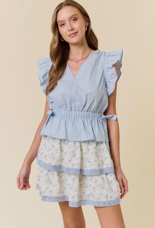 Cotton Poplin Flutter Sleeve Drawstring Top