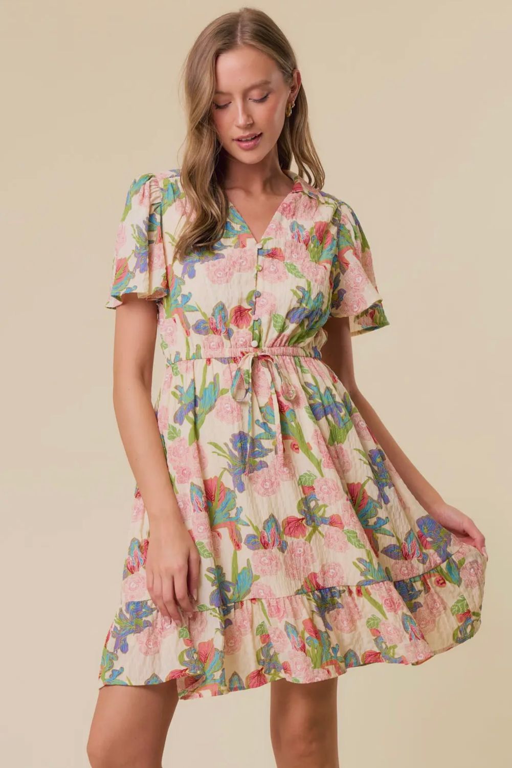 Floral Textured Flutter Short Sleeve Mini Dress 