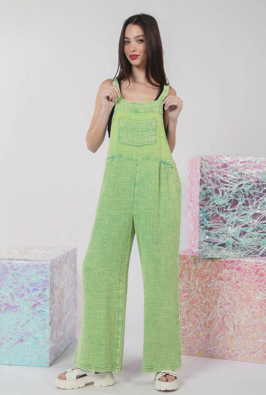 Mineral Washed Gauze Casual Comfy Jumpsuit, Color: Lime, Size: S