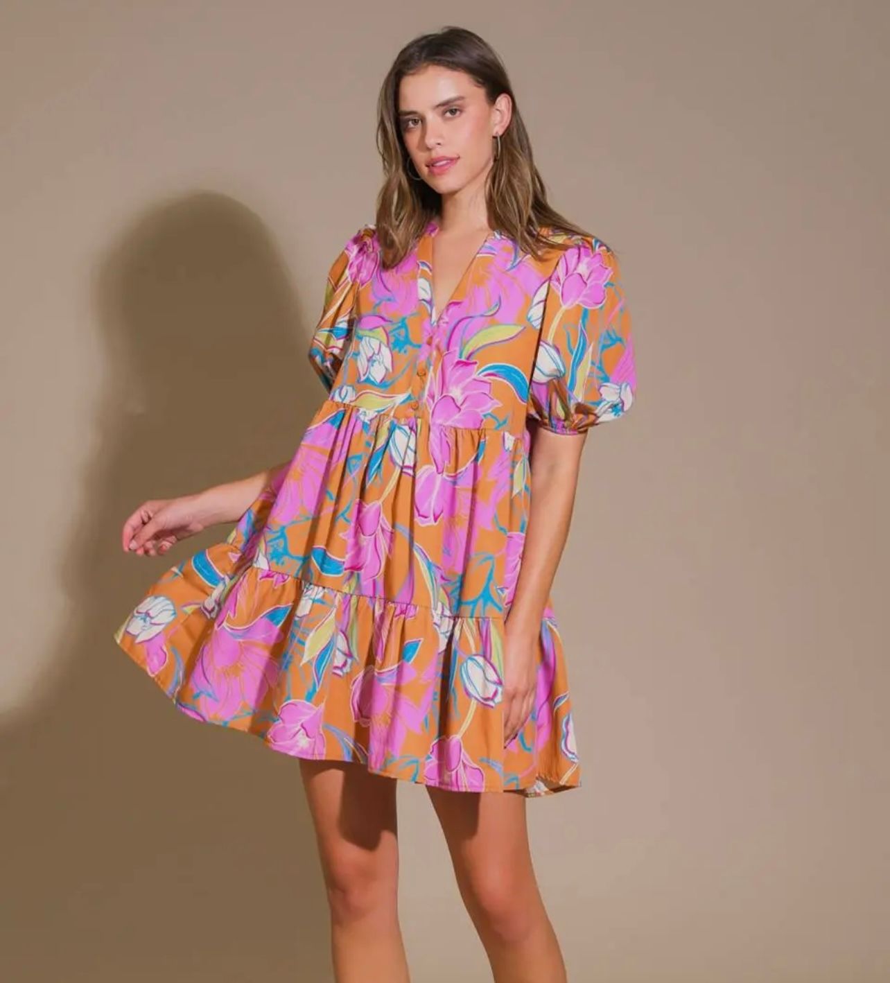 Floral Print Woven Puff Sleeve Tiered Mini Dress