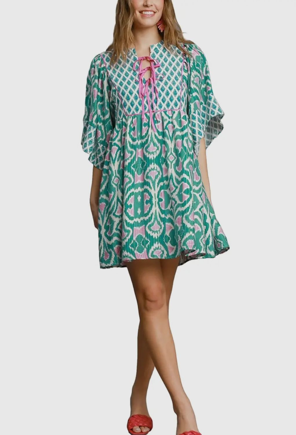 Umgee Mixed Print Embroidery/Tie Detail Dress