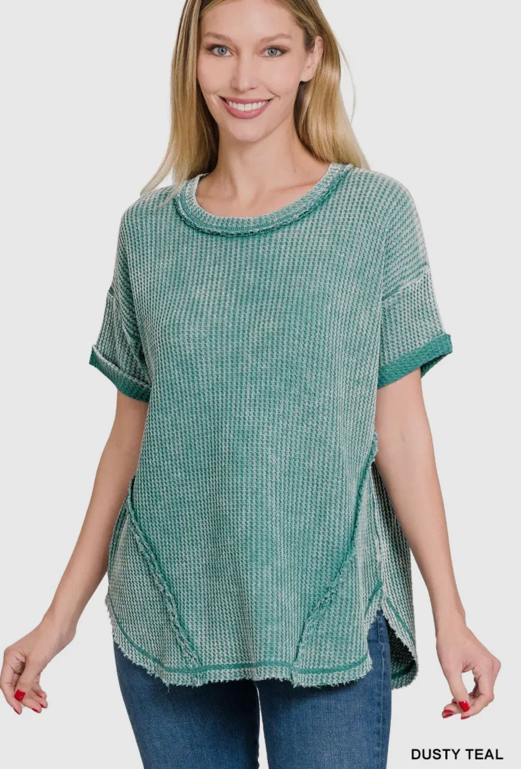 Washed Waffle Knit Exposed Seam Rolled Short Sleeve Top