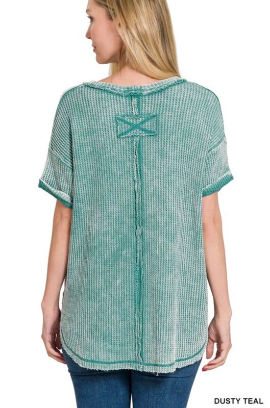 Washed Waffle Knit Exposed Seam Rolled Short Sleeve Top