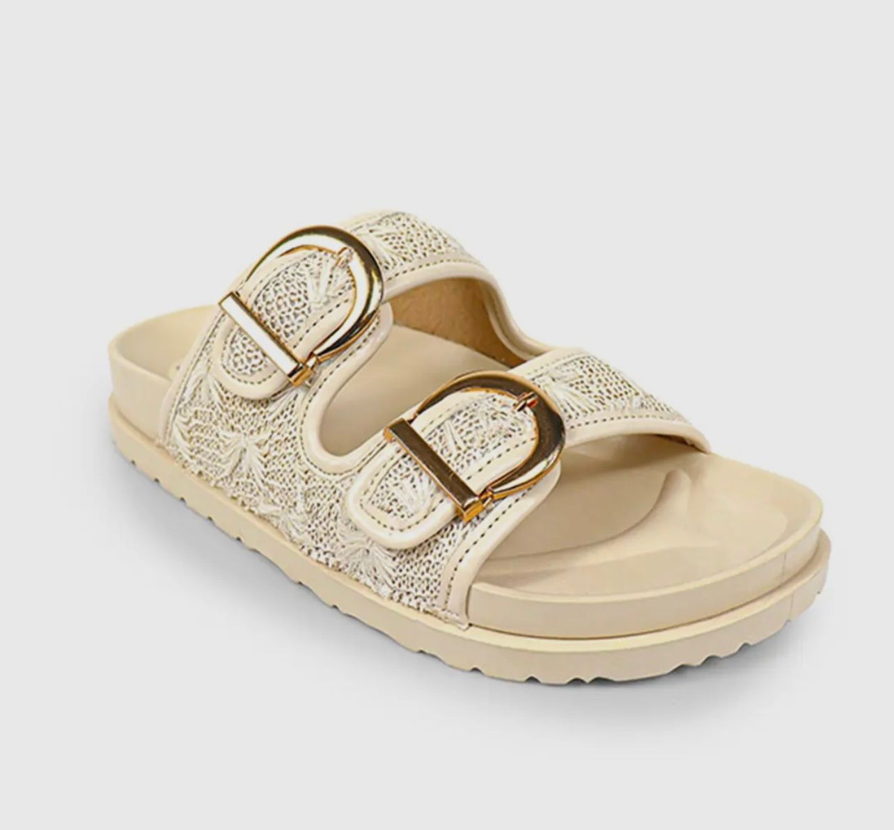 Leanne Gold Double Buckle Woven Slide Sandals 