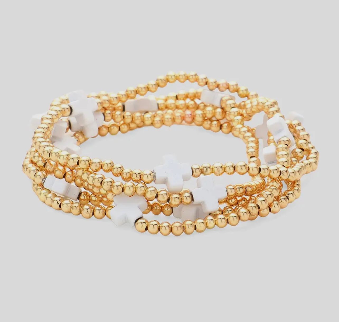 Gold Beaded Mini Cross Stretch Bracelet Set