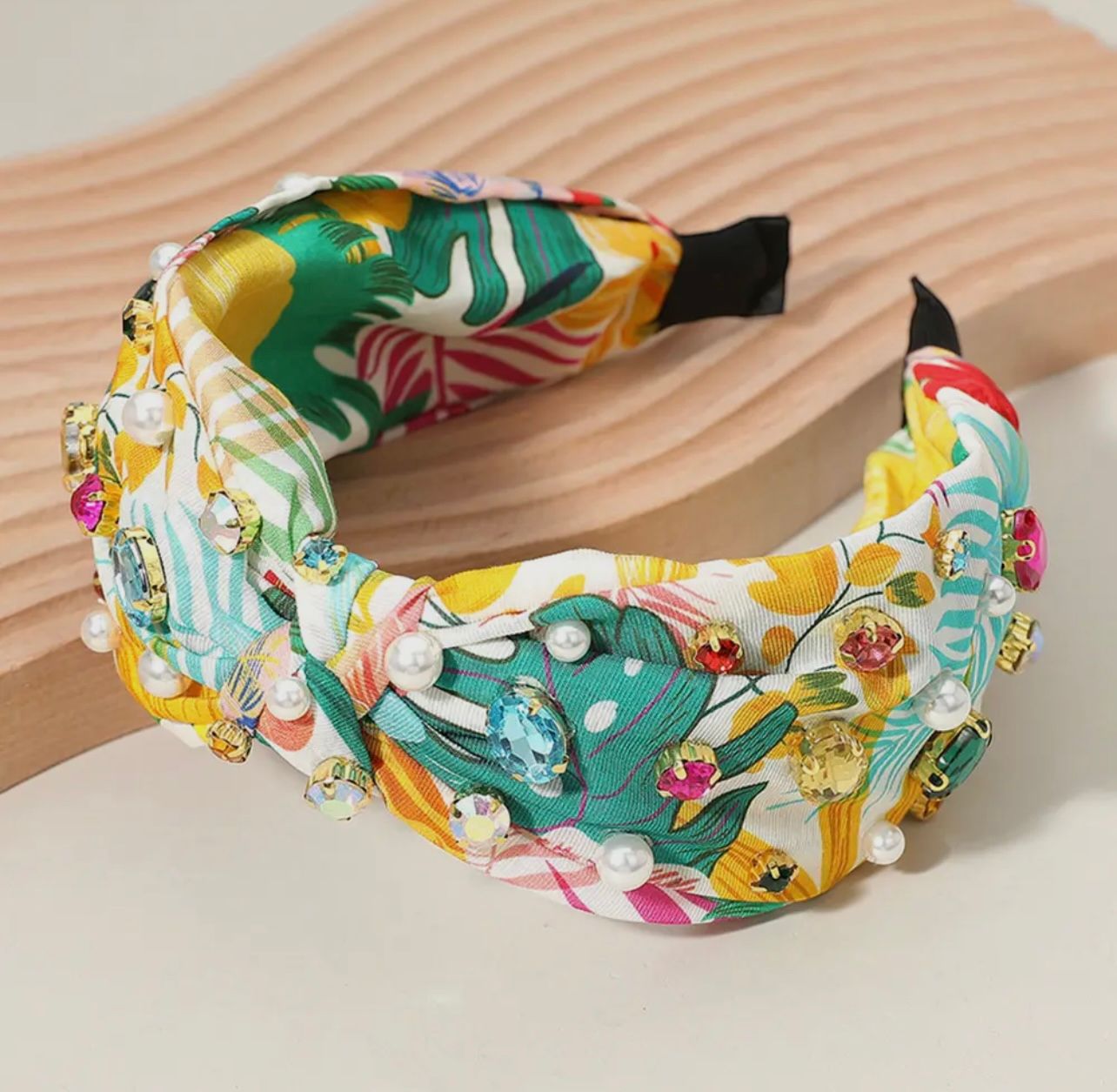 Stone Cluster Pearl Embellished Floral Knot Headband