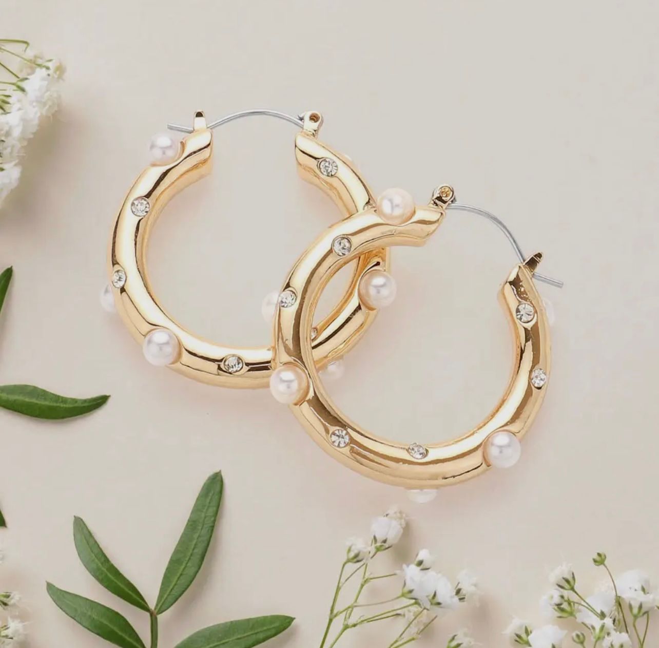 Pearl Paved Stone Embellished Hoop Earrings