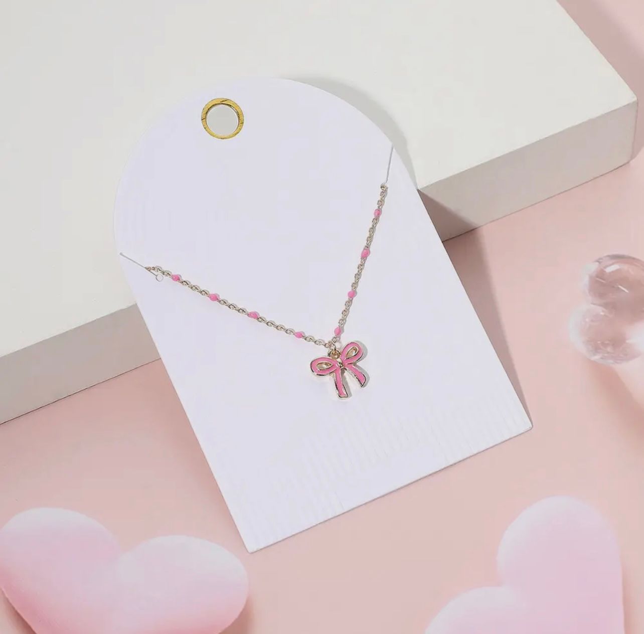 Enamel Bow Pendant Necklace-Pink
