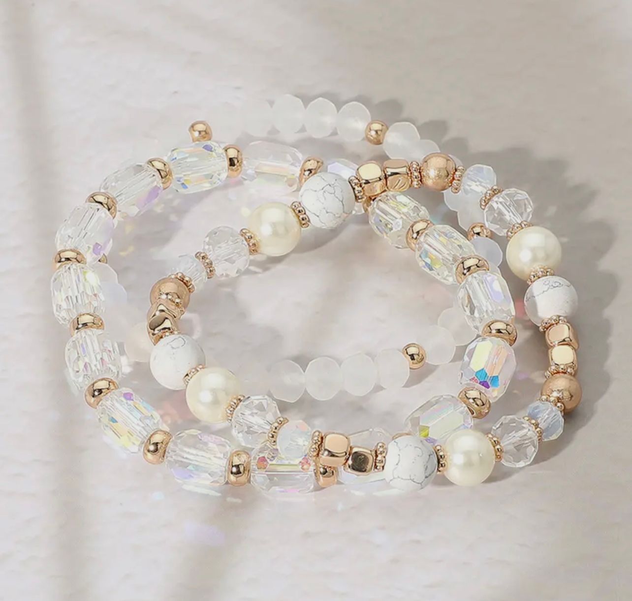 Pearl Natural Stone Faceted Bead Stretch Bracelet Set-WHT