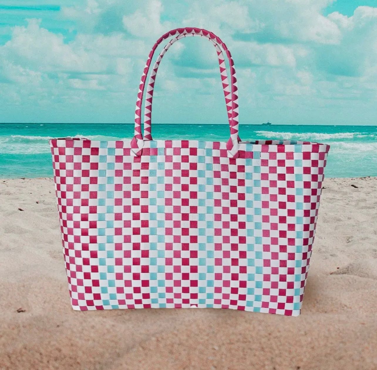 Pink Multi Basket Weave Tote Bag